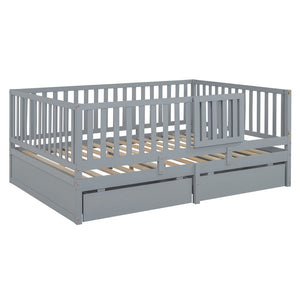 English Elm Full Size Pinewood Kids Daybed with Fence Rails Split Floor Bed and Storage Drawers Gray LP100882AAE