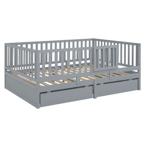 English Elm Full Size Pinewood Kids Daybed with Fence Rails Split Floor Bed and Storage Drawers Gray LP100882AAE