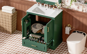 English Elm 30" Modern Bathroom Vanity with Ceramic Sink, Soft-Close Doors, Divided Drawer & Dual Door Shelves Green N729P321376F
