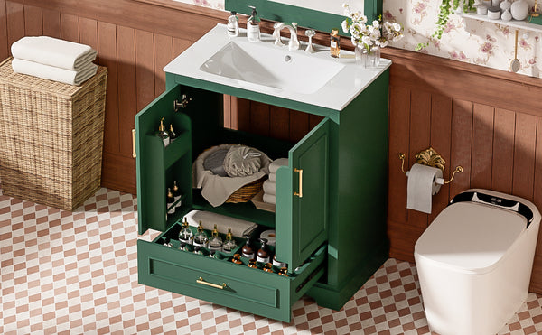 English Elm 30" Modern Bathroom Vanity with Ceramic Sink, Soft-Close Doors, Divided Drawer & Dual Door Shelves Green N729P321376F
