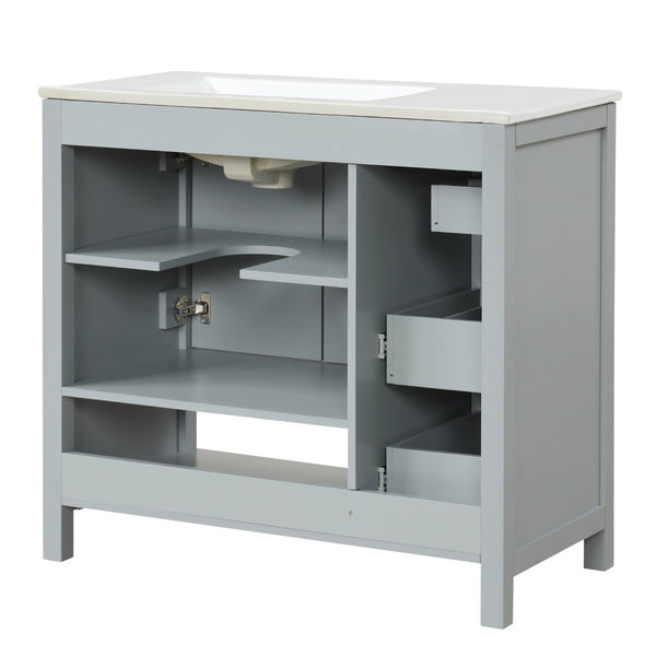 English Elm 36" Freestanding Bathroom Vanity Solid Wood Mdf Cabinet Ceramic Undermount Sink Open Shelf Grey N725P364203E