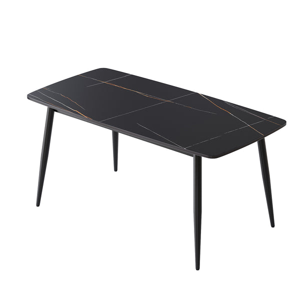 English Elm 62.99" Modern Artificial Stone Curved Edge Dining Table With Black Metal Legs – Seats 6 Comfortably! W1535S00498