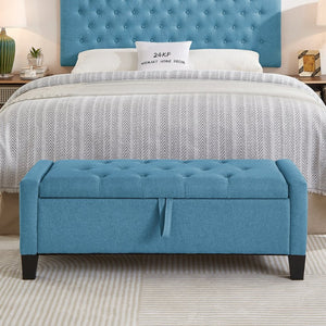 English Elm Ottoman Tufted Linen Storage Bench with Safety Hinge Solid Wood Frame Entryway Seat W2186P470000