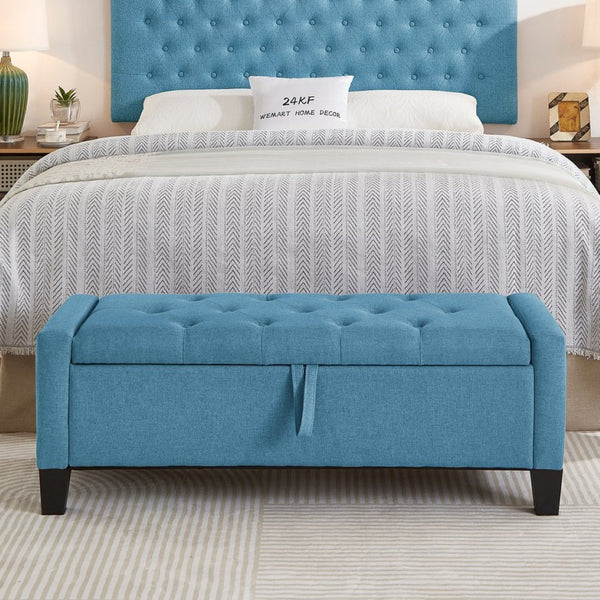 English Elm Ottoman Tufted Linen Storage Bench with Safety Hinge Solid Wood Frame Entryway Seat W2186P470000
