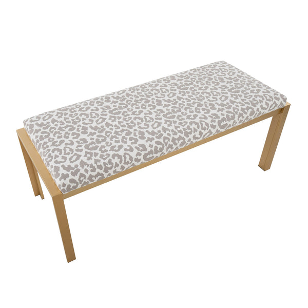 English Elm Fuji Gold Metal Bench with Grey Leopard Fabric Upholstery — Padded Seat, Seats Two, Modern Chic B202S01159