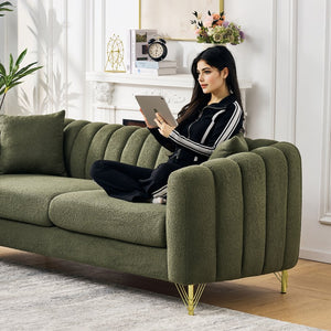 English Elm 63" Chenille Loveseat Sofa Luxury 2-Seater Deep Tufted Couch with Gold Metal Legs and Pillows Green W3373S00054