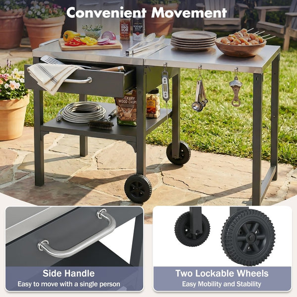 English Elm Outdoor Bbq Prep Cart Rolling Stainless Steel Grill Station with Foldable Work Surface Gray N719P407403E