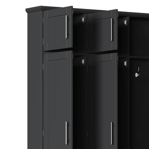 English Elm [Assembly Video] Farmhouse Hall Tree with Walnut Bench, 8-Door Shoe Cabinet, 4 Hooks & Open Storage Organizing Entryway Black N721S000059B