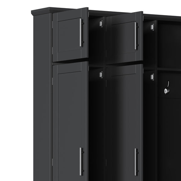 English Elm [Assembly Video] Farmhouse Hall Tree with Walnut Bench, 8-Door Shoe Cabinet, 4 Hooks & Open Storage Organizing Entryway Black N721S000059B