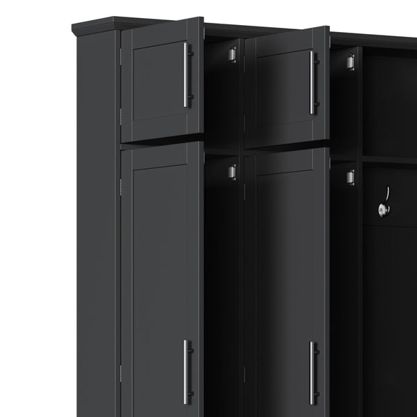 English Elm Farmhouse Hall Tree with Triple Arch Back Panel Eight Hooks Drawers and Entryway Bench Black N721S000059B-1