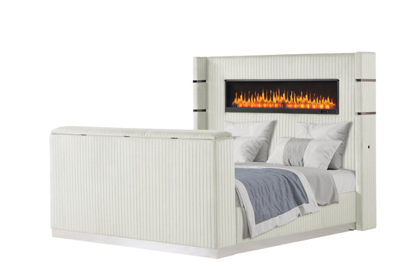 English Elm Lavish Queen Bed With Integrated Fireplace & Tv Stand - Elegant Beige Upholstery For Modern Living B009S01405