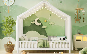 English Elm Montessori House Bed Frame Twin with Canopy & Full Guardrails, Cozy Kids Platform Bed for Toddlers White 77.8 L x 17.25 W x 7 H N733P356048K