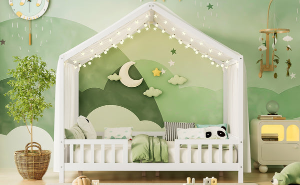 English Elm Montessori House Bed Frame Twin with Canopy & Full Guardrails, Cozy Kids Platform Bed for Toddlers White 77.8 L x 17.25 W x 7 H N733P356048K