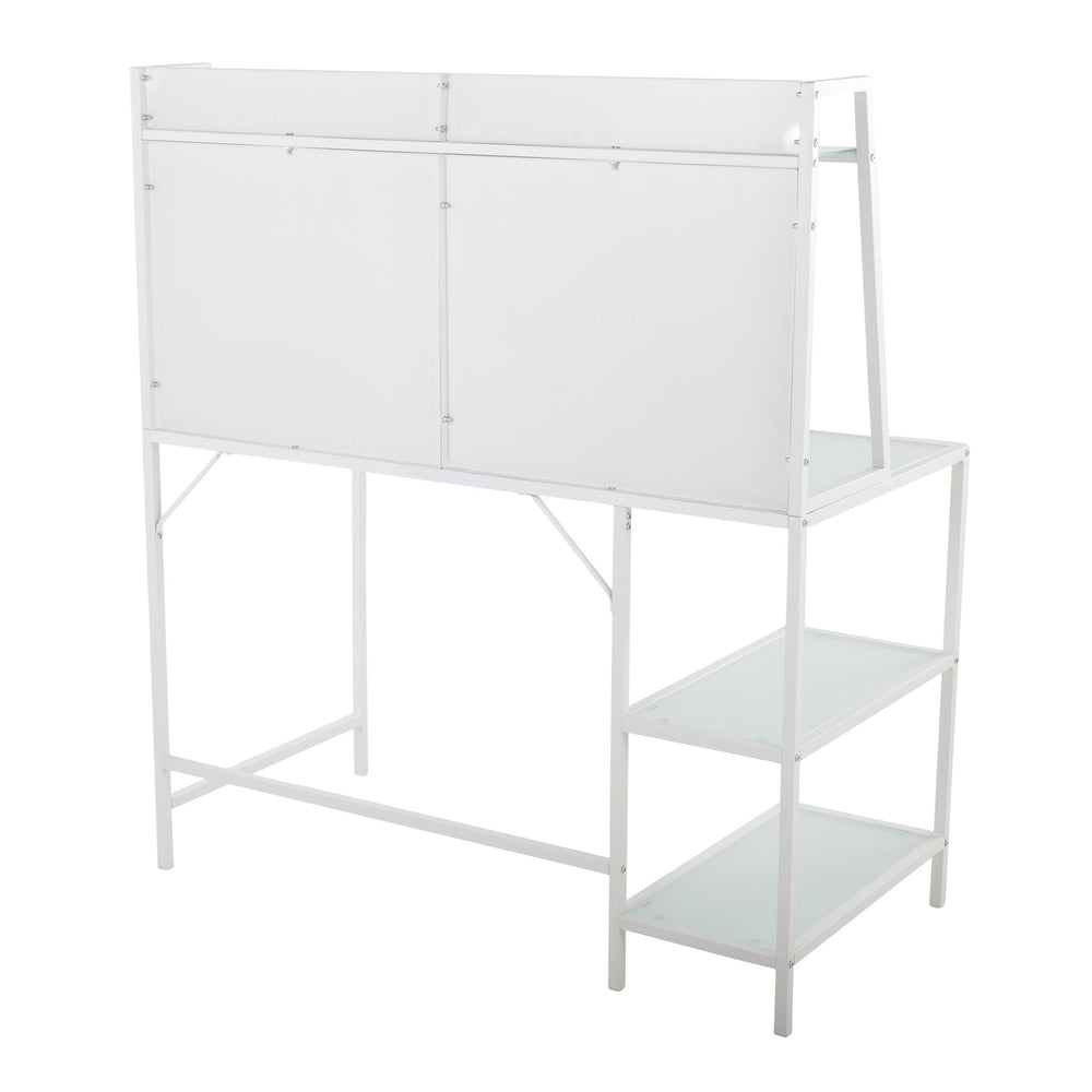 English Elm Geo Geo Tier Contemporary Desk with Glass Top and Metal Frame, Multi-Shelf Office Storage Solution White B202P223965