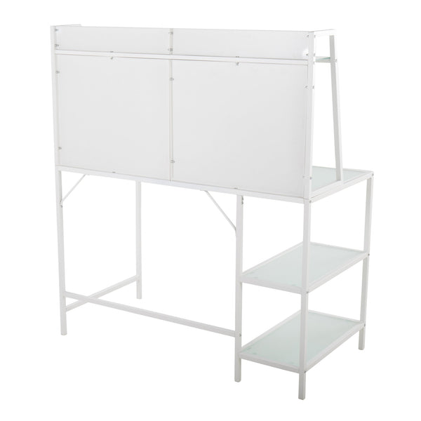 English Elm Geo Geo Tier Contemporary Desk with Glass Top and Metal Frame, Multi-Shelf Office Storage Solution White B202P223965