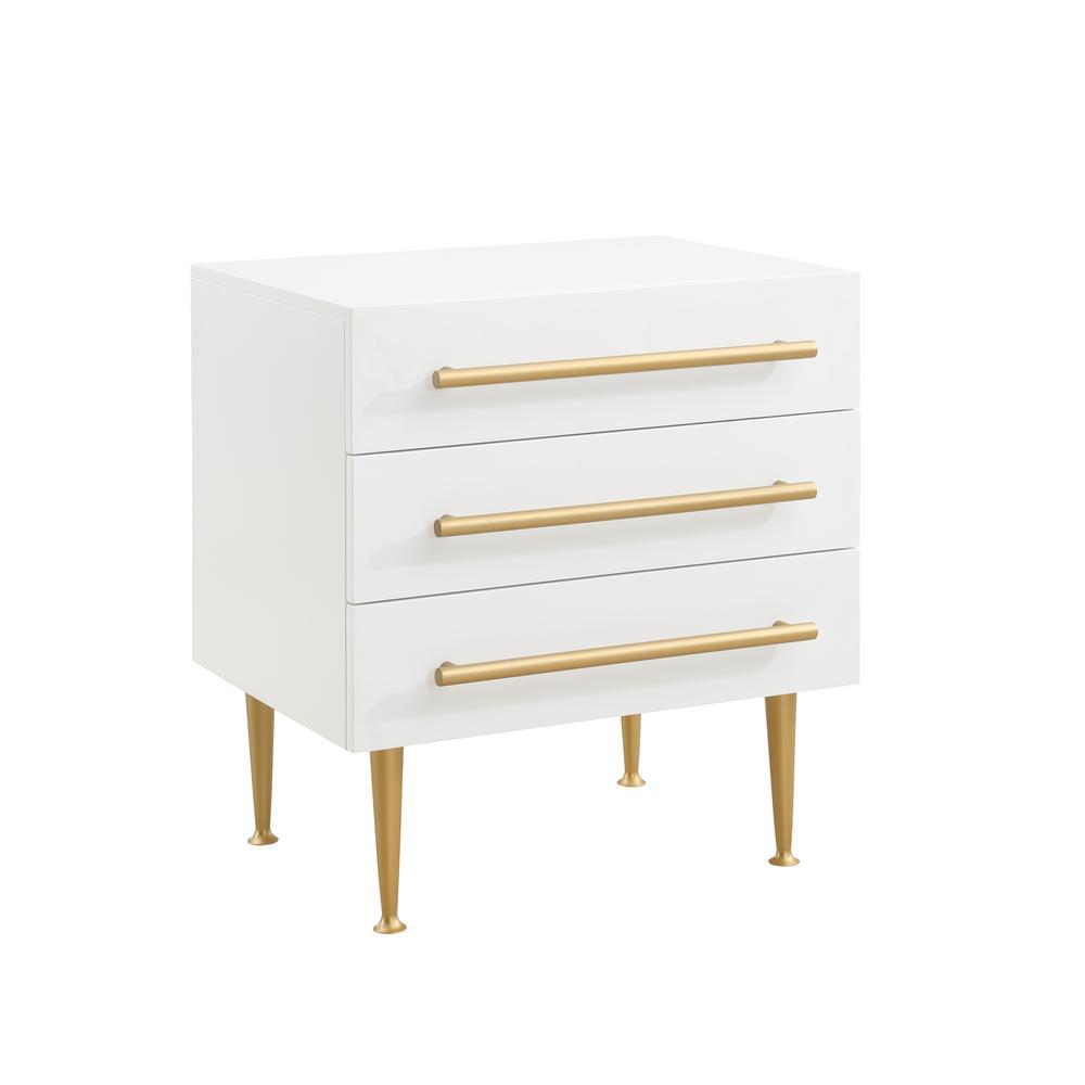 English Elm Modern White Nightstand with Gold Accents and Soft-Close 3 Drawers — Chic Wooden Bedside Table Gold+White 27 L x 21 W x 21 H B011P353750