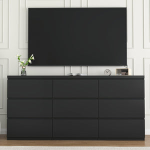 English Elm 9 Drawer Matte Black Dresser Push Open Handleless Design Wide Bedroom Storage Chest W409P334005