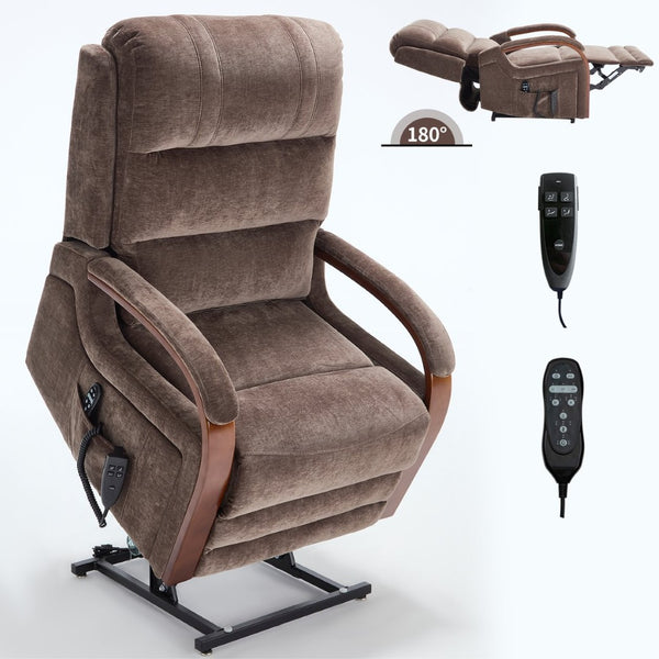 English Elm Power Lift Recliner Chair Chenille Upholstery Dual Motor Heat Massage Solid Wood Arms Brown W1803S00068