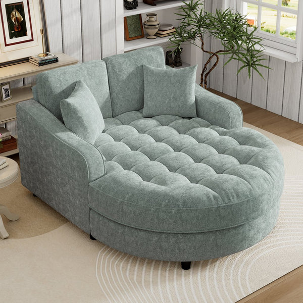 English Elm 55" Modern Chaise Lounge Sofa Bed Upholstered in Soft Chenille with Tufted Round Seat & Pillows, Durable Frame Green N719P256002F