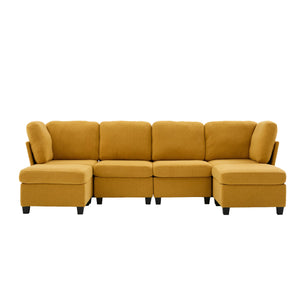 English Elm UNITED Modular 6-Seat Sectional Sofa with Removable Ottoman, Storage Compartments, Convertible Comfort Mustard yellow W1568S00247