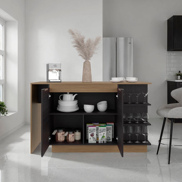English Elm Urie Two-tone Kitchen Island with Wine Rack Cabinet Wenge Oak Modern Storage B128S00242