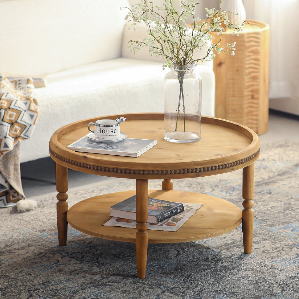 English Elm 31.3" Round Boho Coffee Table Walnut Brown – 2-Tier Rustic Solid Wood Accent Table with Beaded Trim W3306P318860