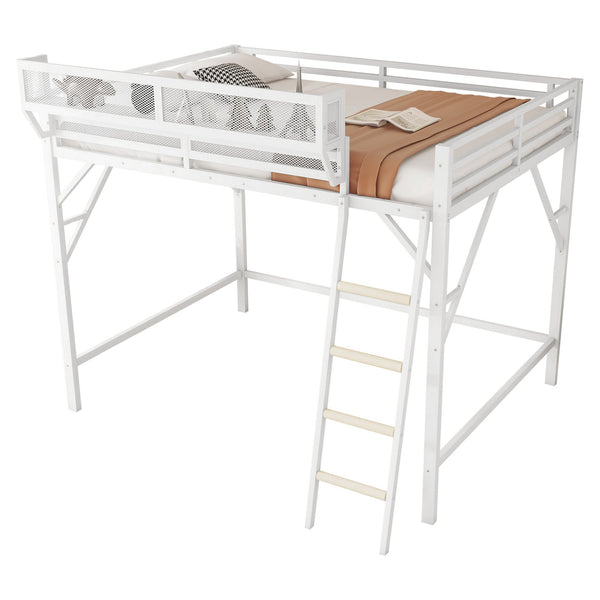 English Elm Full Size Loft Bed with Ladder and Built-In Shelves, Sturdy Metal High Loft for Kids Teens 54" White W2580P379995