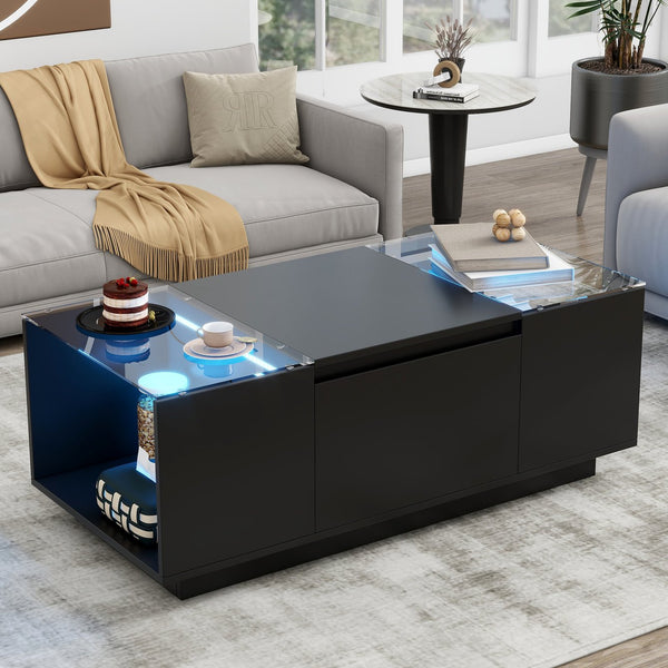English Elm U-Can LED Coffee Table with Glass Top, 16-Color Bluetooth APP Lighting, Hidden Drawers & Open Storage Black N724P290056B