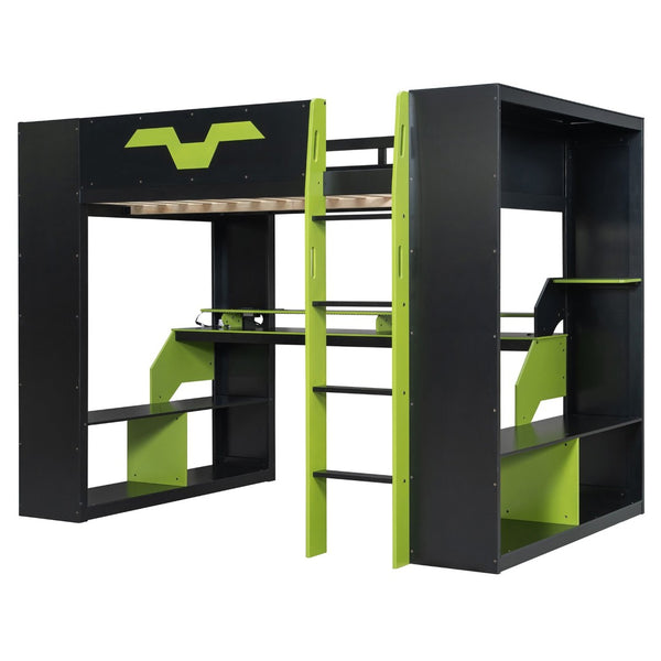 English Elm Full Size Gaming Loft Bed with Rgb Lighting Built-in Desk and Usb Charging Ports Green LT000275AAF