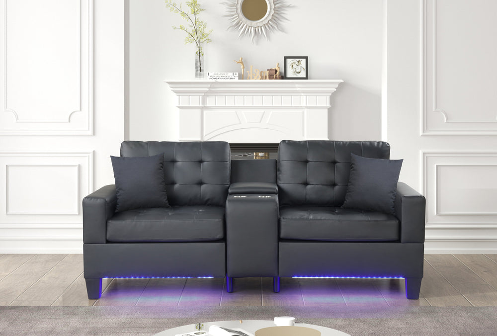 English Elm Genesis 85"W Black Pvc Fabric Sofa With Led Mood Lighting, Usb Ports, Storage Console & Cupholders B061S00868