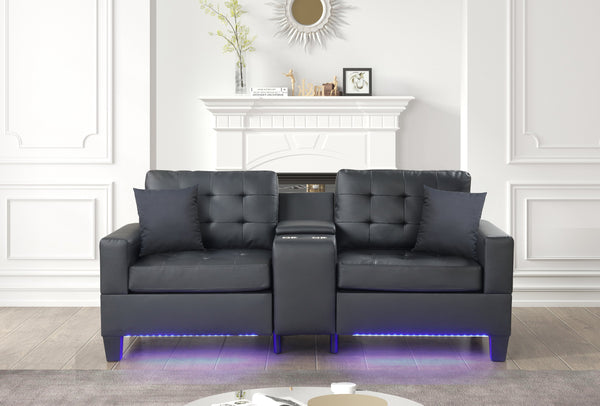 English Elm Genesis 85"W Black Pvc Fabric Sofa With Led Mood Lighting, Usb Ports, Storage Console & Cupholders B061S00868