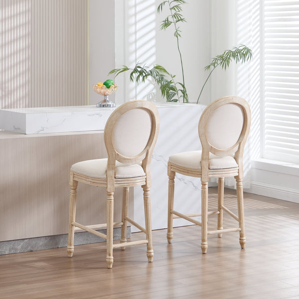 English Elm French Country 26'' Bar Chairs Set Of 2, Upholstered Comfort With Round Back, Vintage Elegance, Beige W3426P324574