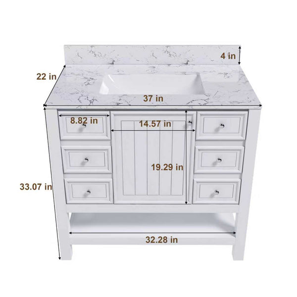 English Elm Modern 37" Bathroom Vanity With Carrara White Top - Sleek, Functional Storage & Easy Assembly! W509S00136