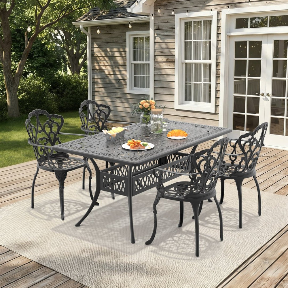 English Elm 5-piece Cast Aluminum Outdoor Dining Set with Carved Relief Frame and Cushioned Seats W1710S00569