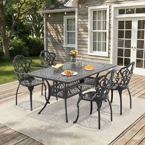 English Elm 5-piece Cast Aluminum Outdoor Dining Set with Carved Relief Frame and Cushioned Seats W1710S00569