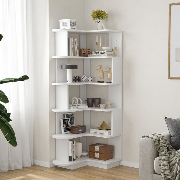 English Elm 5-tier Corner Bookcase L-shaped Freestanding Open Shelf Display for Home Office White T3623P436784