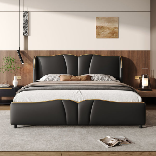 English Elm Christopher Knight Home® - King PU Leather Bed Frame with Wingback Headboard & Footboard, Gold Accents, Platform Slat Support, Elegant Design Black 85 L x 10 W x 3.25 H N761S0000017B