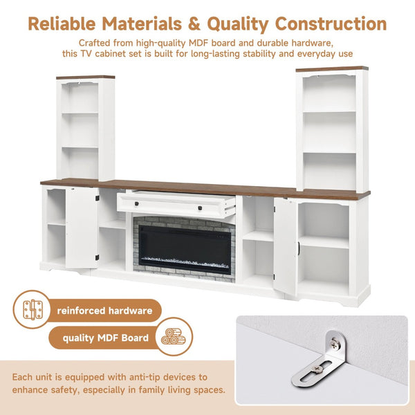 English Elm 3-piece Farmhouse Entertainment Center with Curved Cabinets Walnut Mdf Modular Living Room White N721S000072K