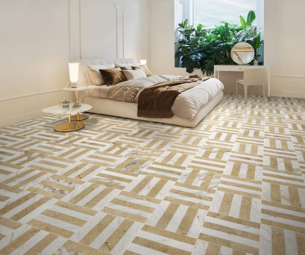 English Elm 12*12 Waterjet Marble Tiles - Luxurious White & Gold Polished Design For Elegant Floors & Walls W1696P262346