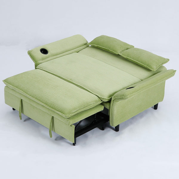 English Elm 65.74-inch convertible letter sofa bed with adjustable armrests, pull-out extension, cup holders, durable frame and plush sponge cushions Green W3371P311474