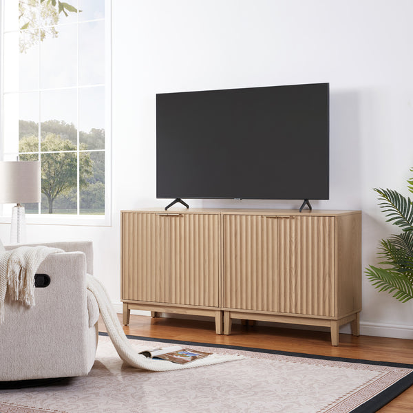 English Elm 2 Door Storage Cabinet with Fluted Fronts and Brass Handles, Mid-Century Accent Console for Entryway Natural Ash W914P292863