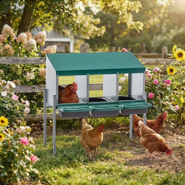 English Elm Nesting Box Galvanized Steel 3 Compartment Chicken Laying Station with Roll Out Tray W1422P292940