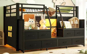 English Elm Twin Low Loft Bed with Shelves Fabric Drawers and Under Bed Study Nook Metal Frame Black W5305S00043