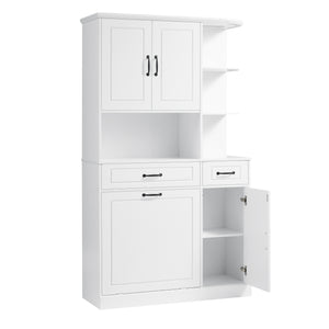 English Elm Tall Freestanding Organizer Cabinet with Tilt-Out Hamper, 2 Drawers, Adjustable Shelves, Modern White MDF Storage N725S352451K