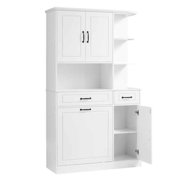 English Elm Tall Freestanding Organizer Cabinet with Tilt-Out Hamper, 2 Drawers, Adjustable Shelves, Modern White MDF Storage N725S352451K