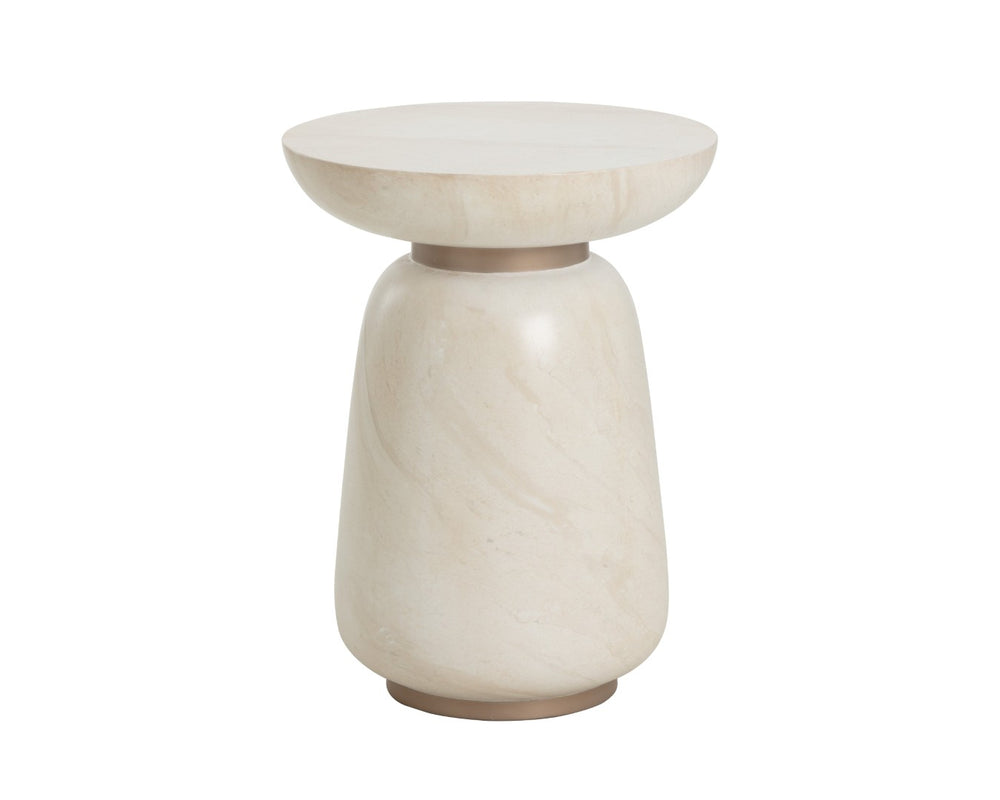 Sunpan HALI End Table - Stylish Concrete Design with Antique Brass Finish & Natural Travertine Aesthetics 112221