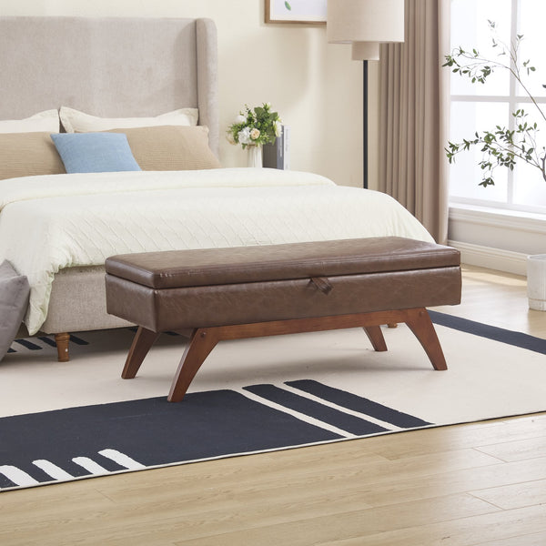 English Elm COOLMORE Teddy fabric storage bench with solid wood feet, hidden compartment for tidy bedroom organization Brown PU W1539P242720