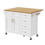 English Elm K&K 52'' Kitchen Island With Drop Leaf, Embossed Texture Kitchen Island On Wheels With Spice Rack, Towel Rack, 2 Doors and 5 Drawers, Kitchen Storage Cart With Adjustable Shelf For Kitchen, White