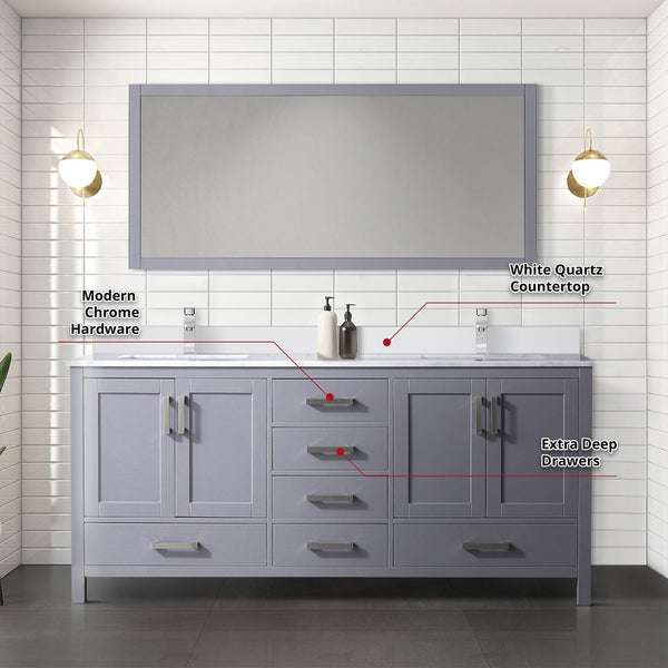 English Elm Dark Grey 72" Double Bath Vanity with White Quartz Top, Chrome Faucet, Large 70"x32" Mirror, Durable Finish B2731S01001