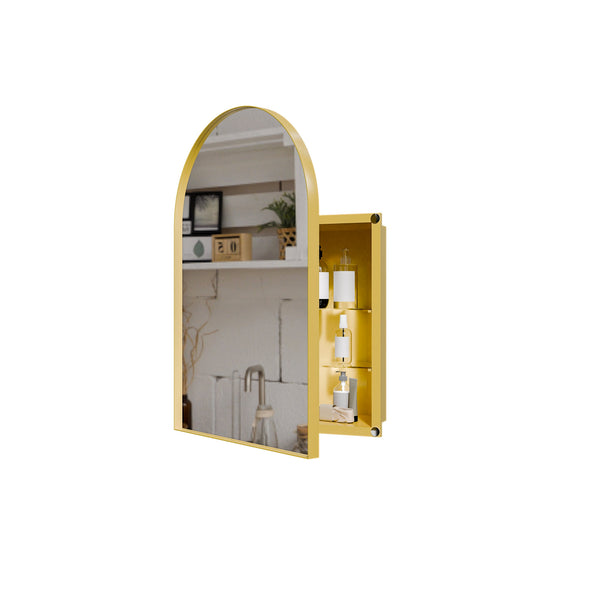 English Elm 18x24 Metal Corner Medicine Cabinet with Arched Mirror, Adjustable Glass Shelves, Moisture-Proof Organizer Golden W1435P312261